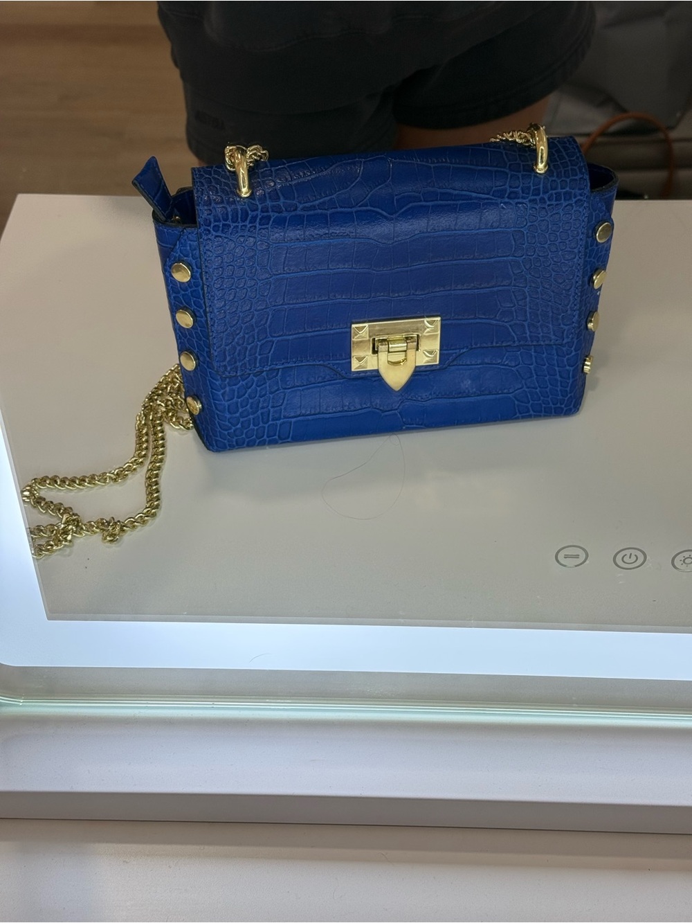 Blue Croc-Embossed Chain Shoulder Bag